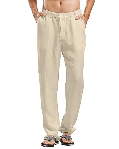 LVCBL Herren Leinenhose Lange Weite Sommerhose Regular Fit Lockere lässige Strandhosen Khaki M von LVCBL