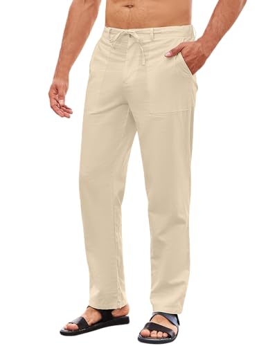 LVCBL Herren Leinenhose Leicht Herren Sommerhose Lang Freizeithose mit Taschen Khaki 3XL von LVCBL