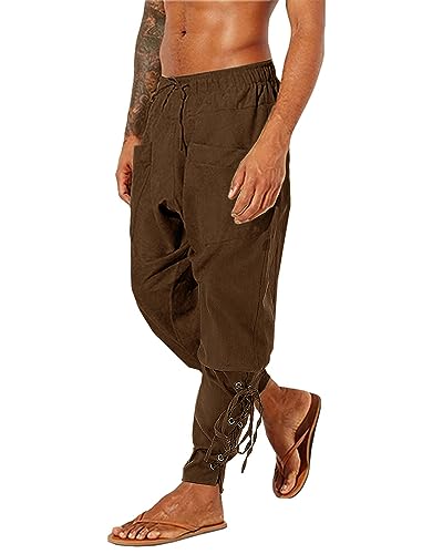 LVCBL Herren Leinenhose Retro Knöchel Gebänderte Hosen für Renaissance Mittelalter Hose Braun XL von LVCBL