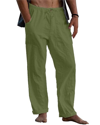 LVCBL Herren Leinenhose mit Kordelzug Leicht Sommerhose Freizeithose Einfarbig Hose Lang Männer Strandhose Grün 2XL von LVCBL