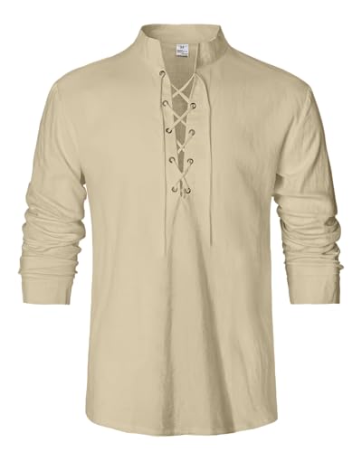 LVCBL Herren Mittelalter Hemd Leinen Viktorian Langarm Schnürhemd Khaki M von LVCBL