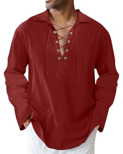 LVCBL Herren Mittelalter Hemd Piraten Halloween Wikinger Kostüm Langarm Leinenhemd Burgund L von LVCBL