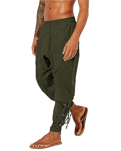 LVCBL Herren Mittelalter Hose Schnürhose Wikinger Renaissance Freizeit Leinenhose Armee grün L von LVCBL