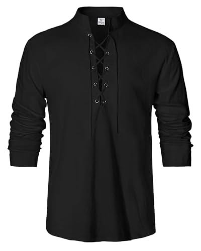 LVCBL Herren Mittelalter Leinenhemd Renaissance Langarm Viking Shirts Schwarz M von LVCBL