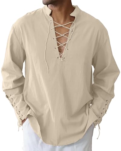 LVCBL Herren Mittelalter Piratenhemd Viking Kostüm Leinen Schnürung Hemd Khaki 2XL von LVCBL