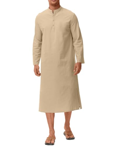 LVCBL Herren Nachthemd Kaftan Herren Baumwolle Leinen Robes V-Ausschnitt Nachtwäsche Herrenhemd Khaki XL von LVCBL