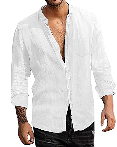 LVCBL Herren Pocket Button Down Shirt Baumwolle Herbst Hemd Langarm Freizeithemd Shirts Weiß M von LVCBL