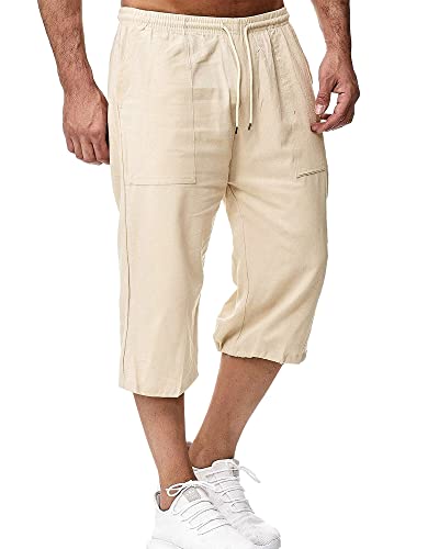 LVCBL Herren Shorts Baumwolle Leinen Lose Shorts mit Kordelzug Sommer Strand Shorts Khaki L von LVCBL