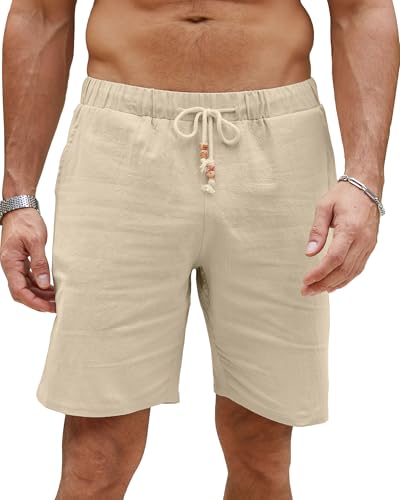 LVCBL Herren Shorts Leicht Sommer Leinen Shorts Freizeithose mit Taschen Khaki XL von LVCBL