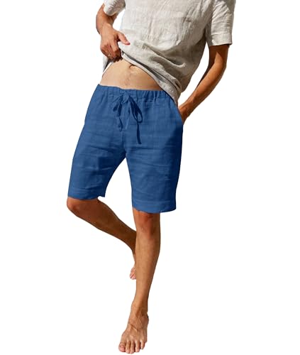 LVCBL Herren Shorts Leinen Kurze Hosen mit Gummizug Sommerhose Baumwolle Chino Shorts mit Taschen Blau 2XL von LVCBL