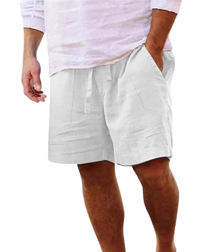 LVCBL Herren Shorts Sommer Leinen Leichte Strand Elastische Taille mit Taschen Weiß 3XL von LVCBL