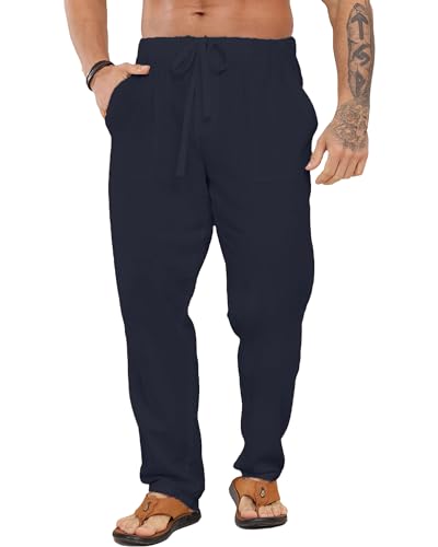 LVCBL Herren Sommer Lang Leinenhose Einfarbig Freizeithose Loose Fit Strandhose Marine XL von LVCBL