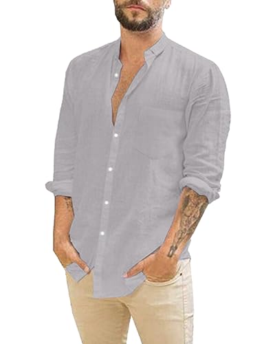 LVCBL Herren Sommer Strand Hemd Button Down Shirt Langarm Hemd Freizeithemd Hellgrau M von LVCBL