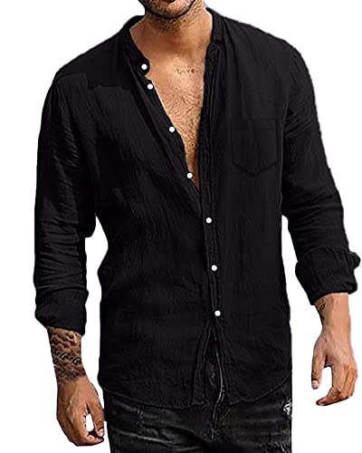 LVCBL Herren Sommer Strand Hemd Button Down Shirt Langarm Hemd Freizeithemd Schwarz L von LVCBL