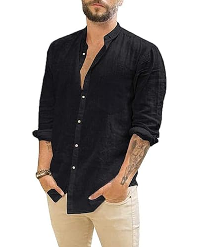 LVCBL Herren Sommer Strand Hemd Button Down Shirt Langarm Hemd Freizeithemd Schwarz L von LVCBL