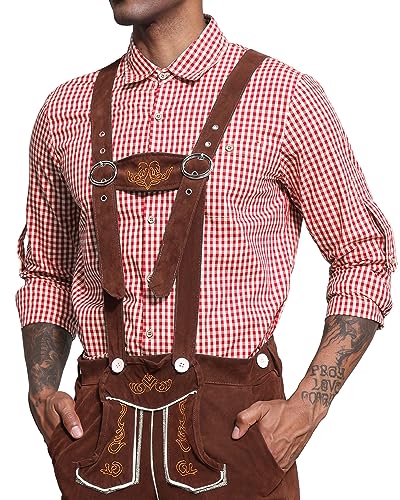 LVCBL Herren Trachtenhemd Slim Fit Kariertes Hemd Langarm mit Bestickt Oktoberfest Trachten Hemd für Männer Rot XL von LVCBL