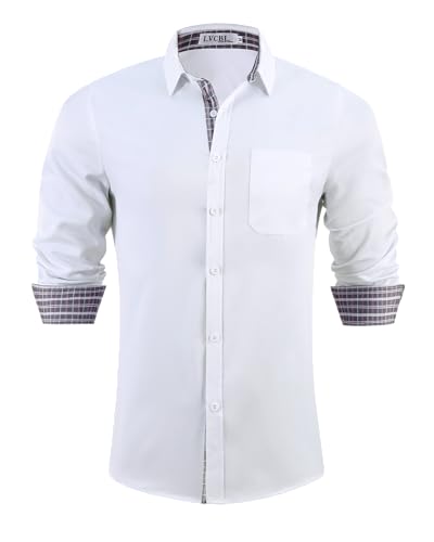 LVCBL Herrenhemden Freizeithemd Herren Regular Fit Businesshemd Männer Hochzeit Hemd mit Tasche Weiß L von LVCBL