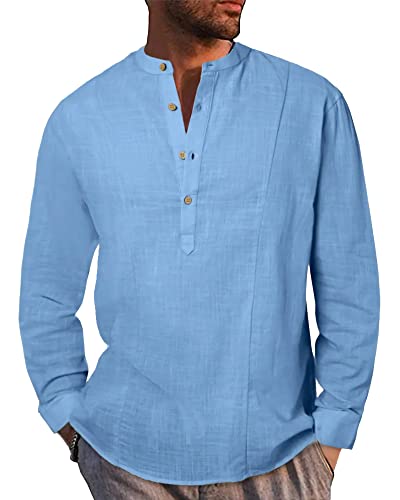 LVCBL Herrenhemden Langarm Baumwolle Leinenhemd Freizeithemd Ärmellänge Regular Fit Kragenloses Shirt Blau 2XL von LVCBL