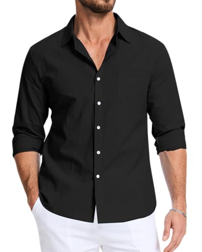 LVCBL Herrenhemden Langarm Leinenhemd Button Down Sommerhemd mit Taschen Schwarz M von LVCBL