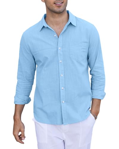 LVCBL Herrenhemden Leinenhemd Herren Langarm Button Down Sommer Freizeithemd Hellblau L von LVCBL