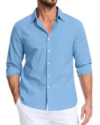 LVCBL Herrenhemden Leinenhemd Herren Langarm Button Down Sommer Freizeithemd Hellblau L von LVCBL