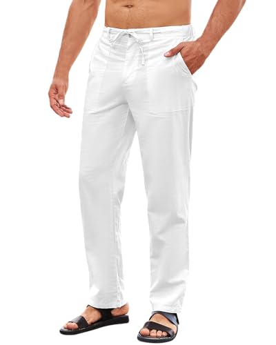 LVCBL Hose Herren Lange Leinenhose Leicht Sommerhose Strandhose Elastische Taille Weiß M von LVCBL