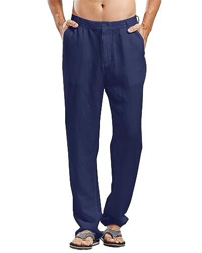 LVCBL Hose Herren Leinenhose Herren Lang Sommerhose Herren Freizeithose mit Taschen Blau XL von LVCBL