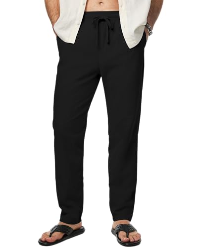 LVCBL Hose Herren Leinenhose Loose Sommerhose Lang Strandhose Herren mit Taschen Schwarz 3XL von LVCBL