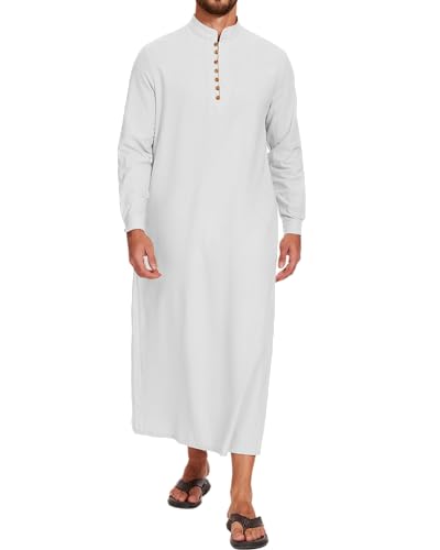 LVCBL Kaftan Herren Lang Leinen Thobe Herren Langarm Muslimische Robe Weiß 2XL von LVCBL
