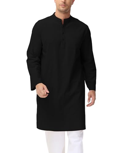 LVCBL Kaftan Herren Langarm Thobe für Männer Baumwolle Leinen Muslimischer Bademantel Thobe M-3XL, Schwarz , XL von LVCBL