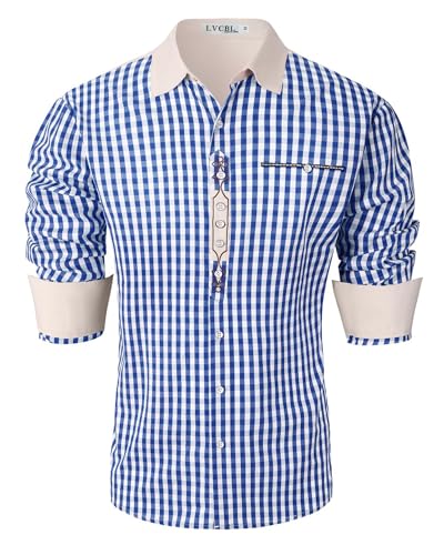 LVCBL Trachten Shirt Herren Hemd Herren Langarm Trachtenhemd Oktoberfest Freizeithemd Karohemden Herrenhemden Blau S von LVCBL