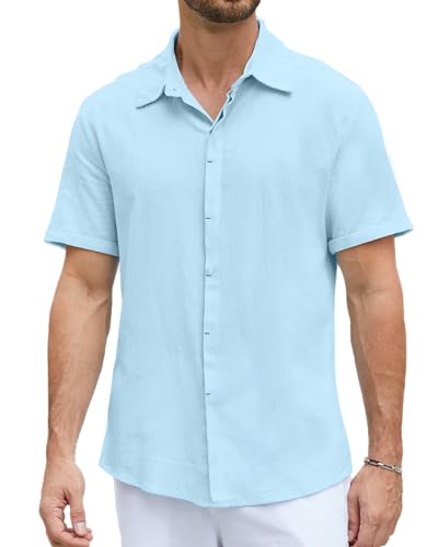 LVCBL Kurzarmhemd Herren Leinenhemd Einfarbig Sommer Strandhemd Hellblau 3XL von LVCBL