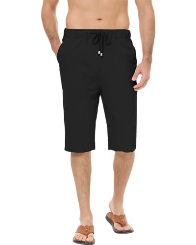 LVCBL Kurze Hosen Herren Leinen 3/4 Shorts Sommerhose Strand Yoga Shorts mit Taschen Schwarz M von LVCBL