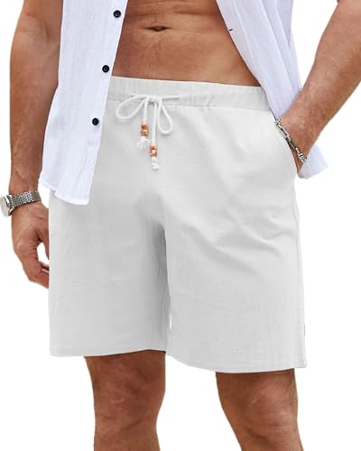 LVCBL Kurze Hosen Herren Leinen Shorts Leicht Sommershorts Einfarbige Hose Weiß M von LVCBL