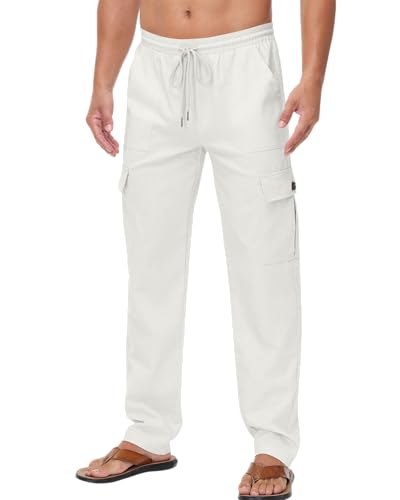 LVCBL Lässige Herren Leinenhose Passform Leicht Sommerhose mit Kordelzug Weiß 2XL von LVCBL
