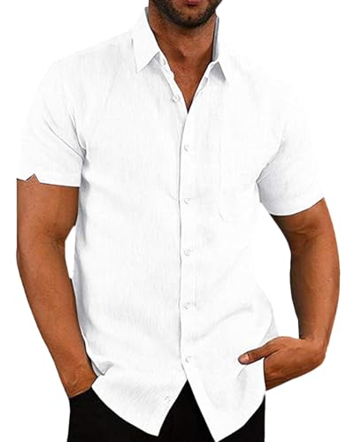 LVCBL Leinen Hemd Herren Kurzarm Sommer Lässiges Regular Fit Shirts Freizeithemd Weiß L von LVCBL