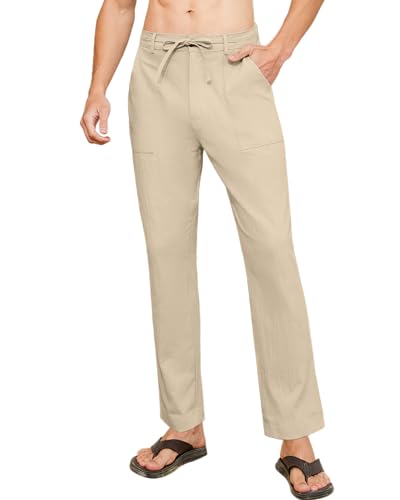 LVCBL Leinen Hose Herren Leicht Sommerhose Freizeithose für Männer mit Kordelzug Khaki 2XL von LVCBL