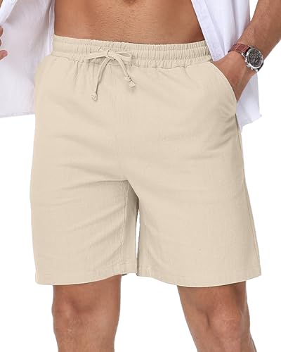 LVCBL Leinen Shorts Herren Kurz Sommer Hose aus Baumwolle Chino Hose Strand Freizeithose mit Gummibund Khaki XL von LVCBL