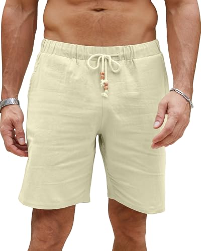 LVCBL Leinen Shorts Herren Sommer Strand Leichtes Bermuda Shorts mit Taschen Beige L von LVCBL