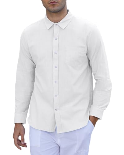 LVCBL Leinenhemd Herren Button Down Freizeithemd Regular Fit Stehkragenhemd Weiß L von LVCBL