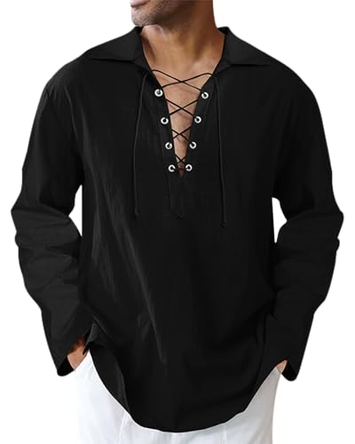 LVCBL Leinenhemd Herren Mittelalter Hemd Steampunk Retro Piratenhemd Herren Schwarz XL von LVCBL