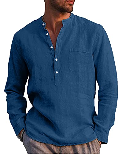LVCBL Leinenhemd Herren Regular Fit Langarm Hemd Herren Henley Freizeithemden Meeresblau XL von LVCBL