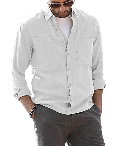 LVCBL Mens Shirt Herren Freizeithemd Button Down Hemden Langarm Leinenhemd Weiß 2XL von LVCBL