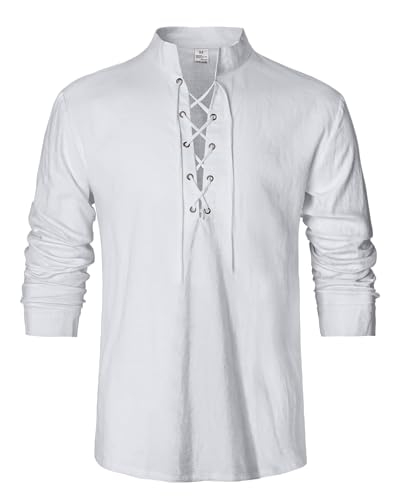 LVCBL Mittelalter Kleidung Herren Leinenhemd Retro-Stil Vintage Langarmhemd mit Schnürung Weiß XL von LVCBL