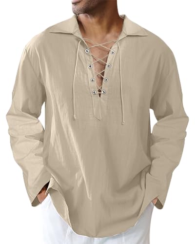 LVCBL Piratenhemd für Herren Mittelalterhemd Freizeit Leinenhemd Vintage Schnürhemd Khaki XL von LVCBL