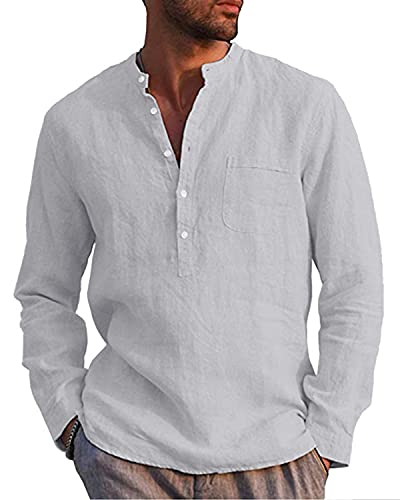 LVCBL Sommer Leinen Hemd Herren Henley Herren Freizeithemd Freizeithemd Zu Hause Hellgrau 3XL von LVCBL