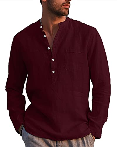 LVCBL Leinenhemd Herren Plus Size Henley Herren-Freizeithemd Freizeithemd Zu Hause Weinrot 3XL von LVCBL