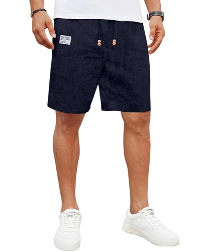 LVCBL Shorts Herren Kurze Hosen mit Tunnelzug Leinenhose Casual Freizeithose Navy 2XL von LVCBL
