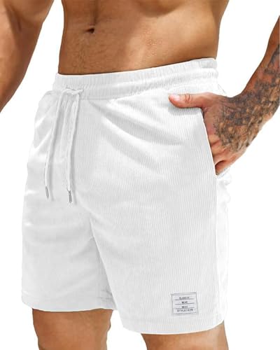 LVCBL Shorts Herren Leinen Corduroy Sommer Leicht Stretch Shorts mit Taschen Weiß XL von LVCBL