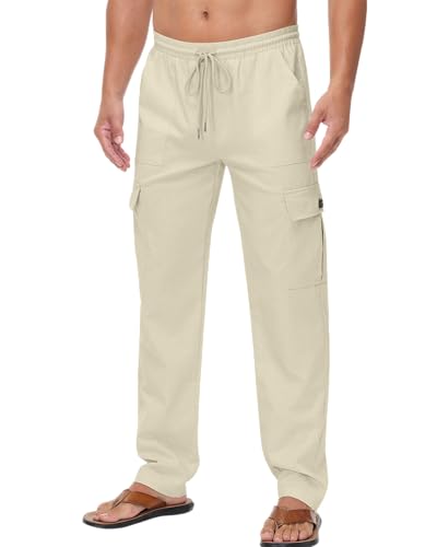 LVCBL Sommer Leinenhose Herren Regular Fit Strand Freizeithose Khaki L von LVCBL